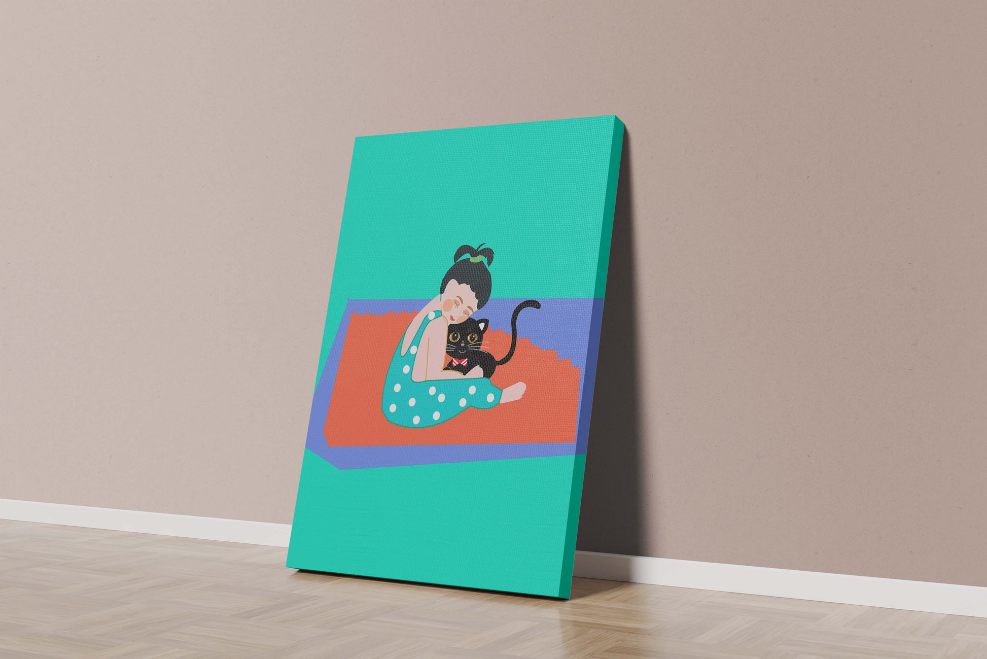 Gemütliche Illustration eines Mädchens, das eine Katze auf einer bunten Matte umarmt