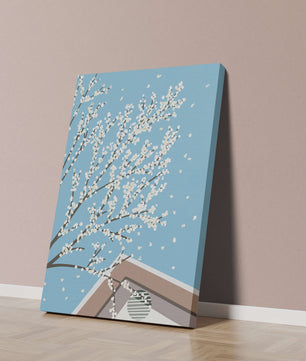 Blooming Branches Against a Clear Sky with Geometric Shapes