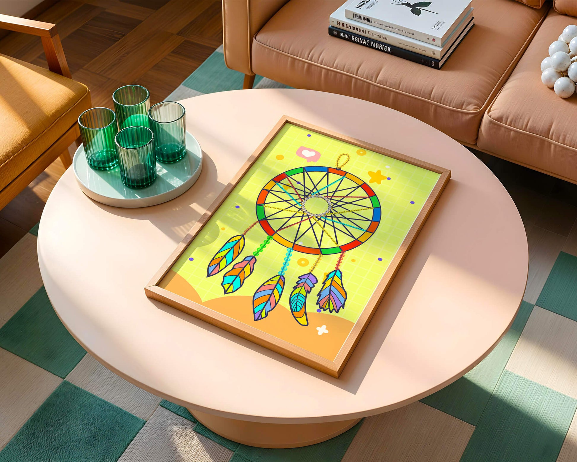 Colorful dreamcatcher on a vibrant yellow background
