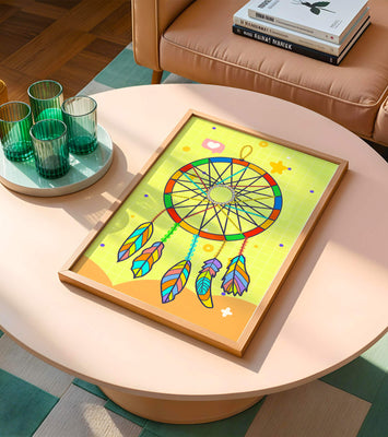 Colorful dreamcatcher on a vibrant yellow background