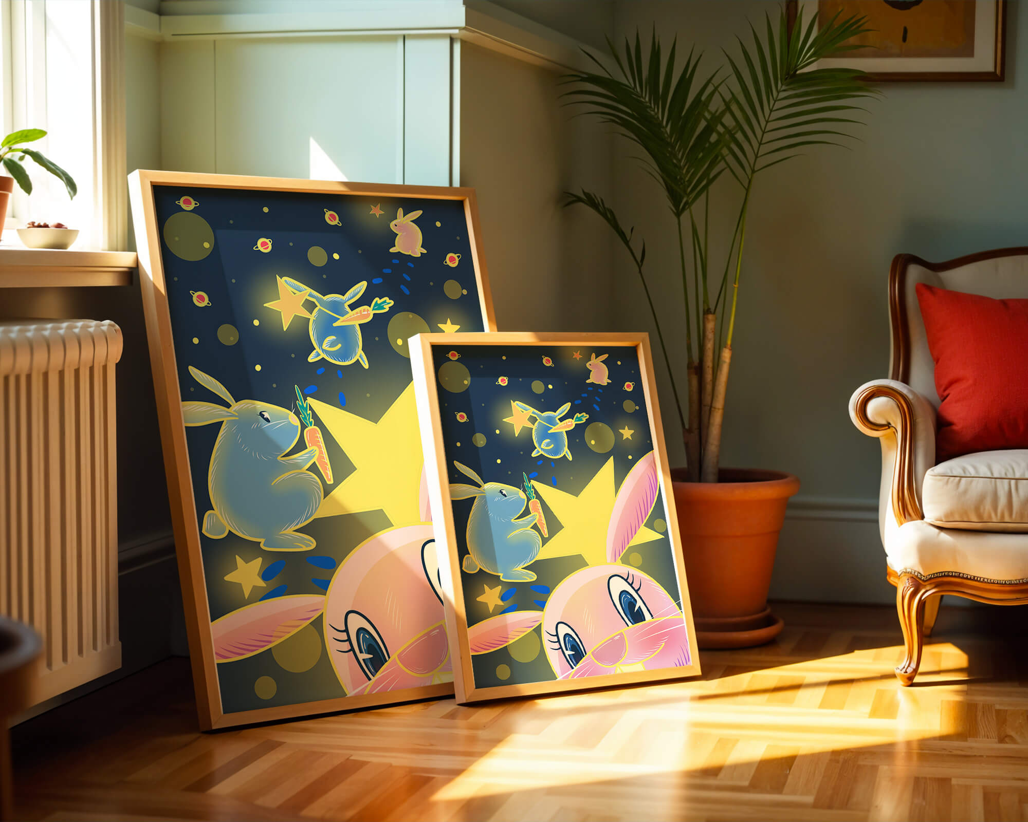 Playful bunnies with carrots and stars in a whimsical space scene