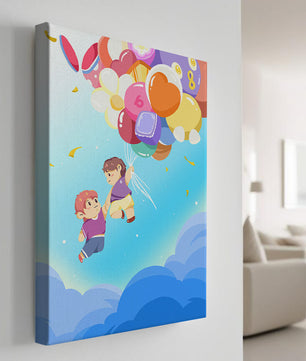 Ilustración caprichosa de niños en el cielo con globos de colores