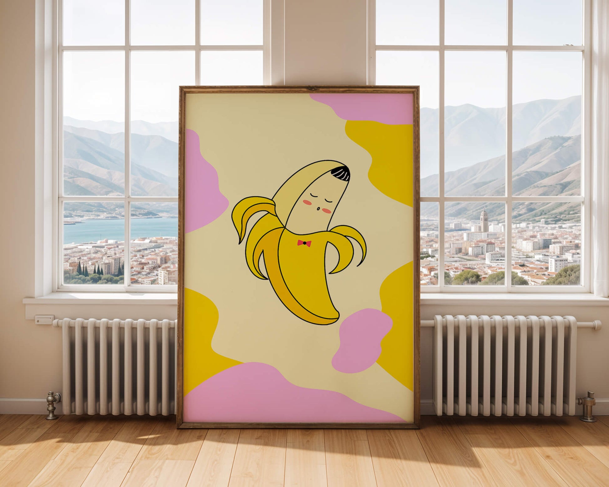 Quirky animated banana with bow tie on colorful abstract background