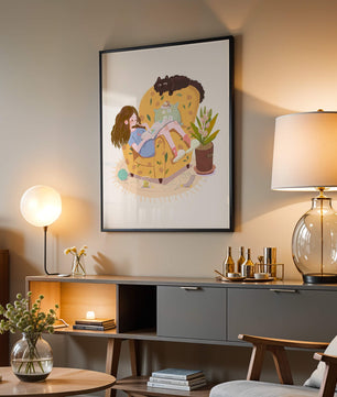 Cozy Reading Corner with Relaxed Girl and Cat