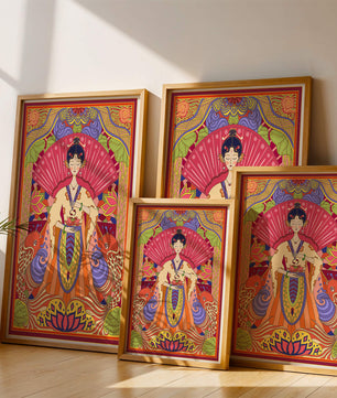 Ilustración oriental colorida con motivos de peces koi y loto