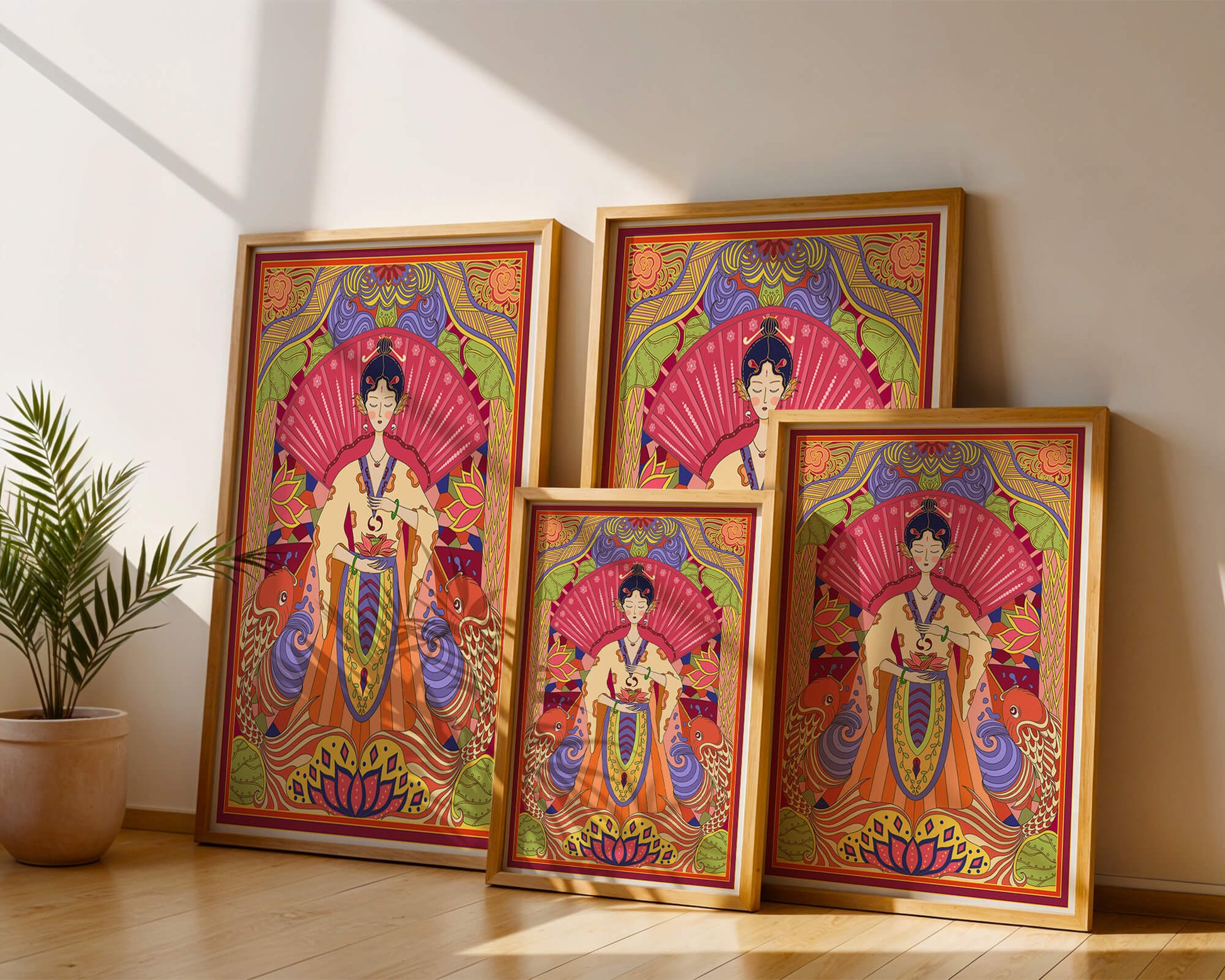 Ilustración oriental colorida con motivos de peces koi y loto