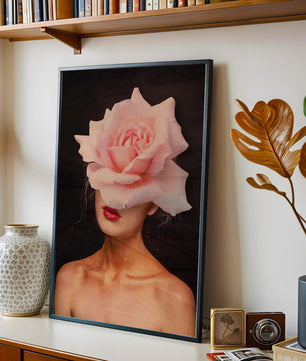 Woman with a Rose Head and Red Lips on a Dark Background - Mi tienda