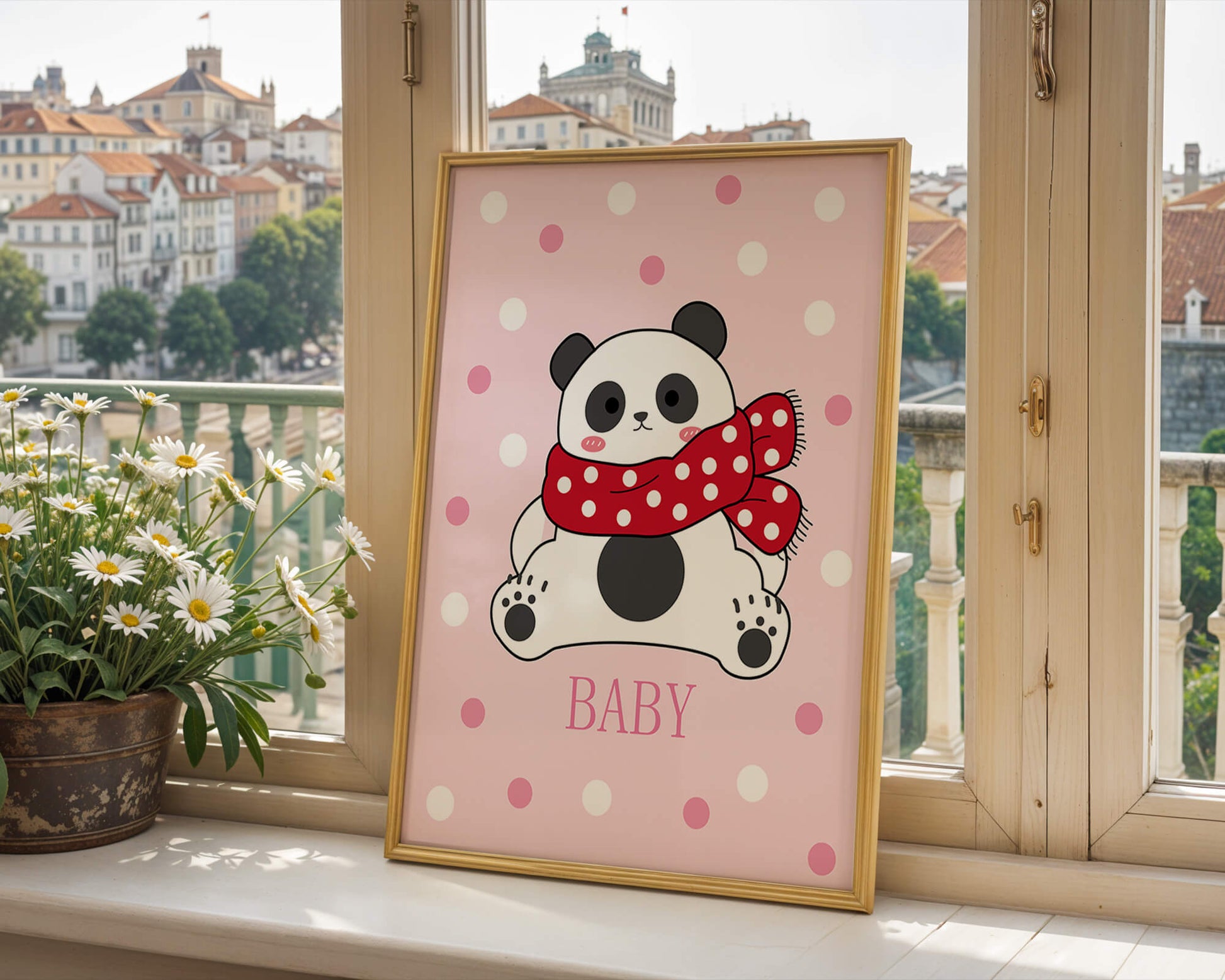 Cartoon panda with red scarf on pink polka dot background