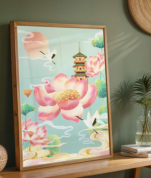 Paysage serein avec des fleurs de lotus et une pagode traditionnelle