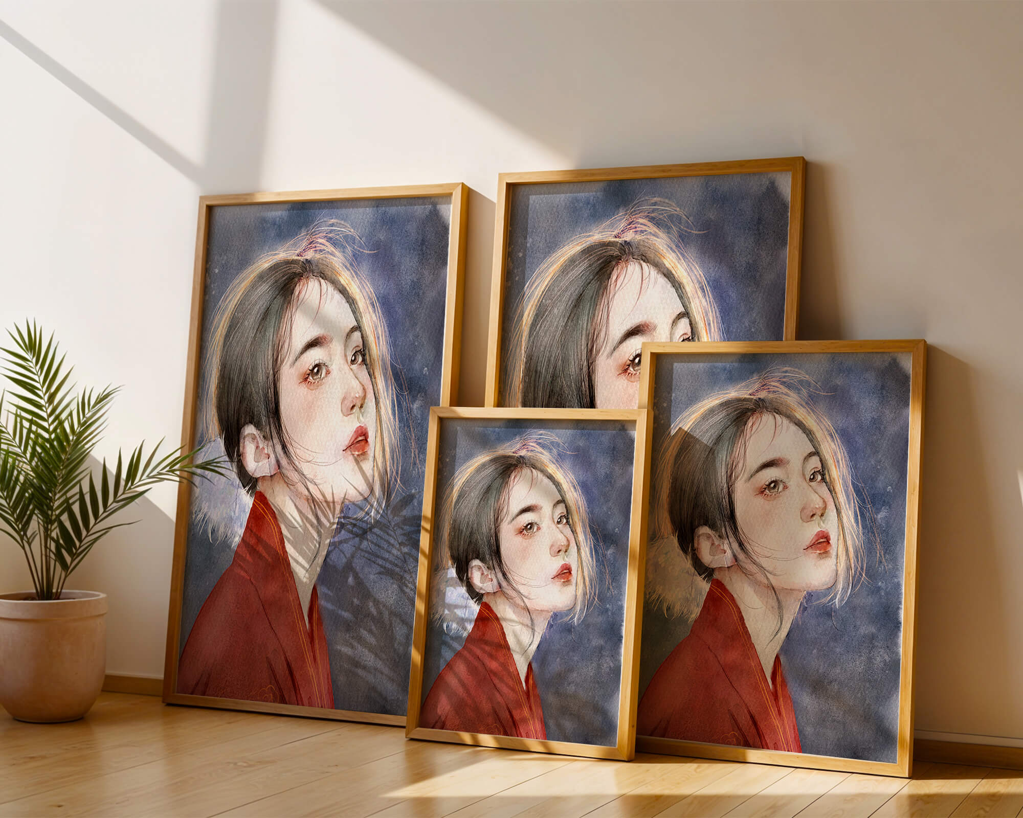 Watercolor portrait of a woman in a red garment with expressive features