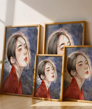 Watercolor portrait of a woman in a red garment with expressive features