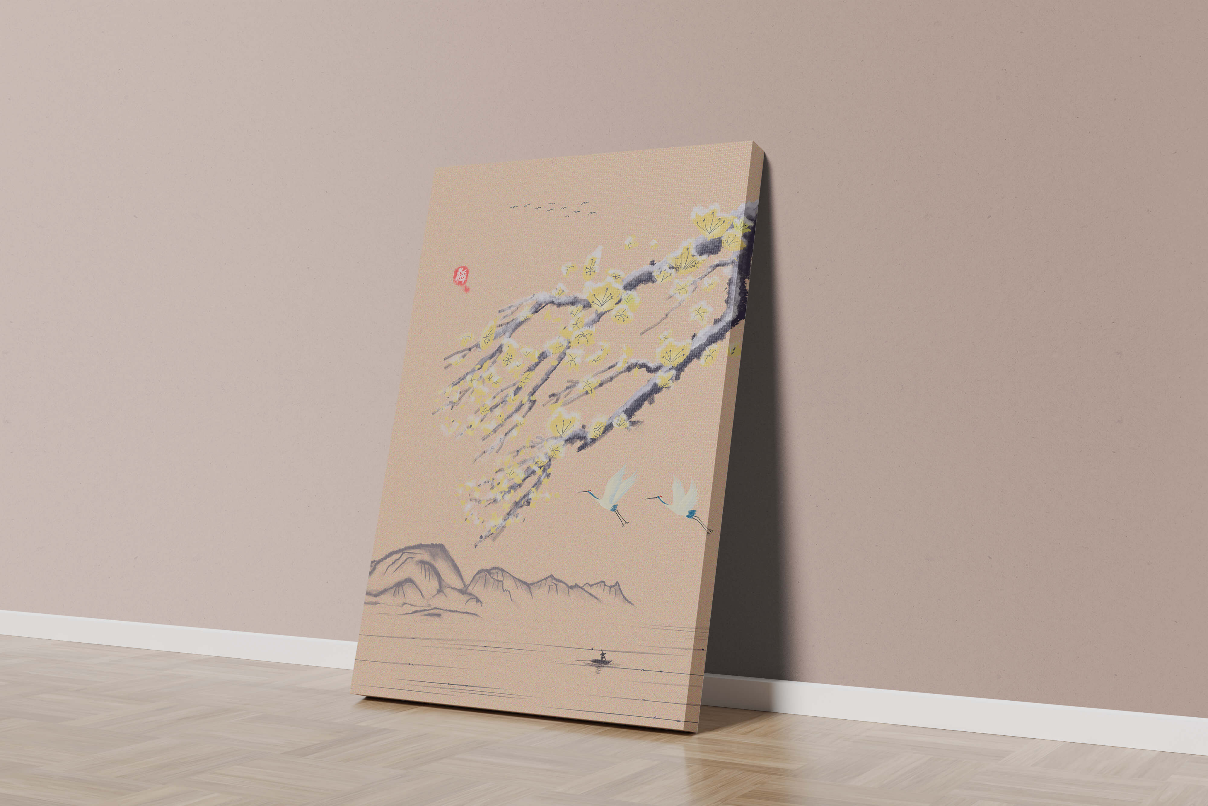 Tranquil landscape with blooming branches and flying cranes