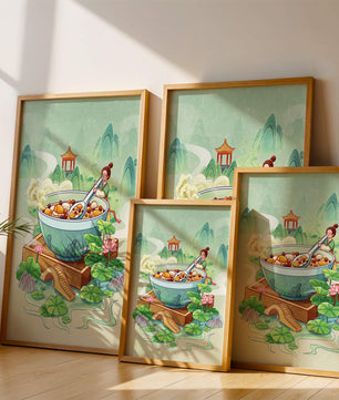 Illustration of a traditional Asian scene with large bowl and serene landscape