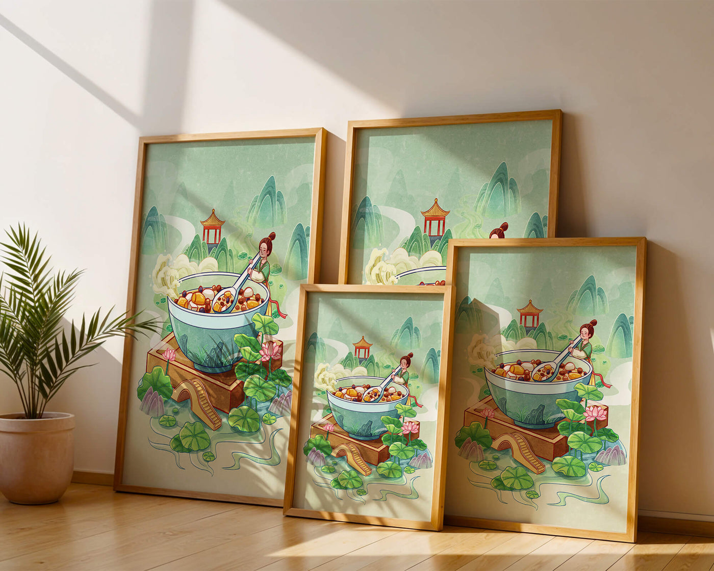 Illustration of a traditional Asian scene with large bowl and serene landscape