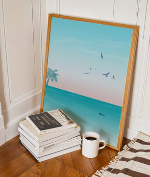 Serene Beach Landscape with Palm Trees and Seagulls at Sunset
