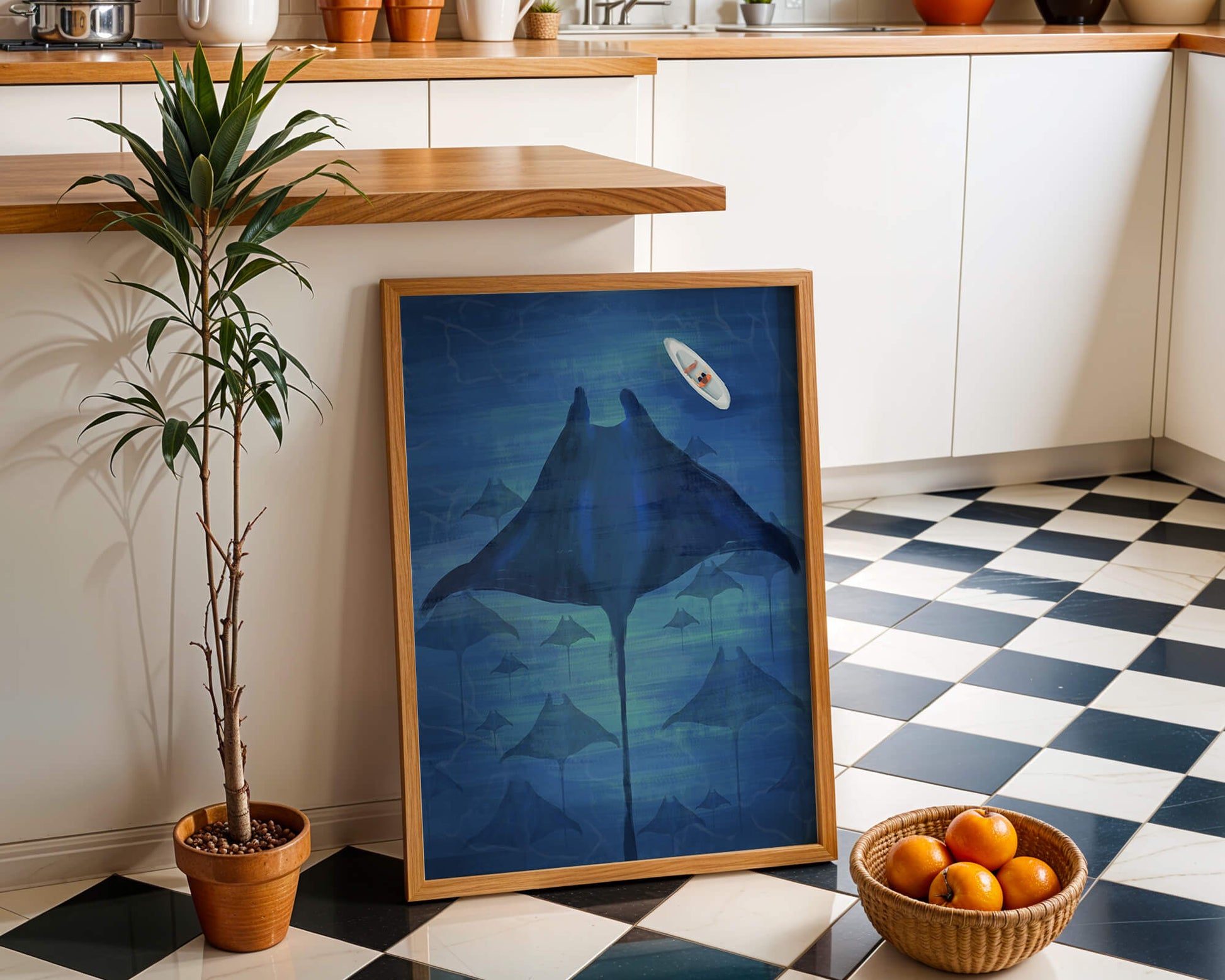Serene underwater scene with manta rays and a lone kayak