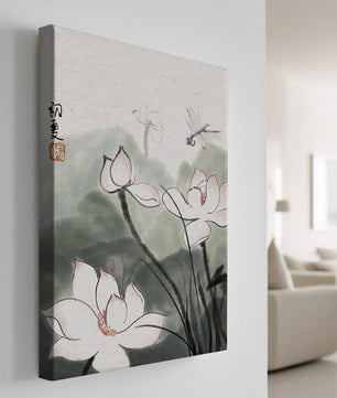 Delicate watercolor of lotus flowers with dragonfly in serene atmosphere