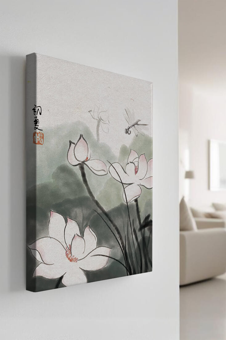 Delicate watercolor of lotus flowers with dragonfly in serene atmosphere