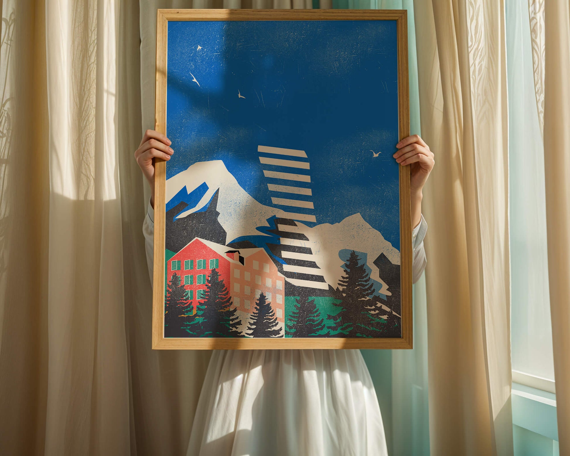 Mountain Resort in a Vibrant Landscape with Blue Sky and Birds