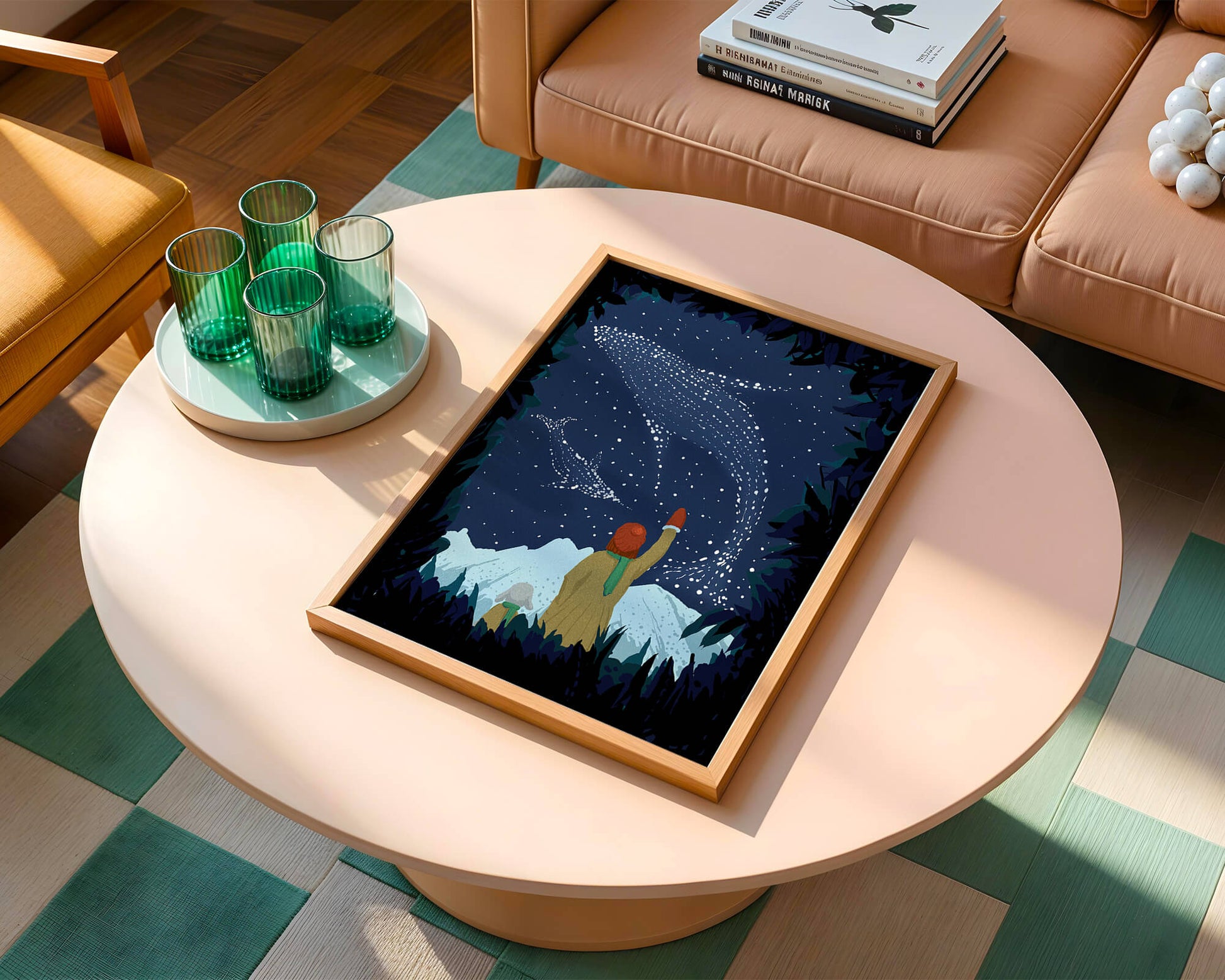 Starry night with whale constellations and mountain scenery