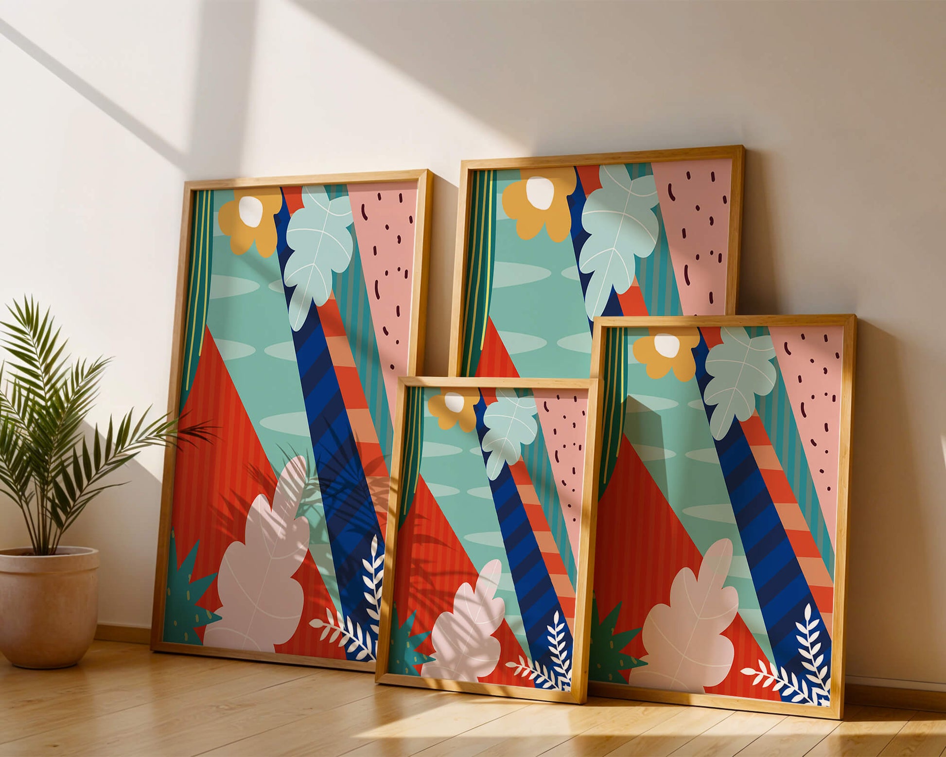 Abstract floral geometric design with vibrant colors and bold patterns