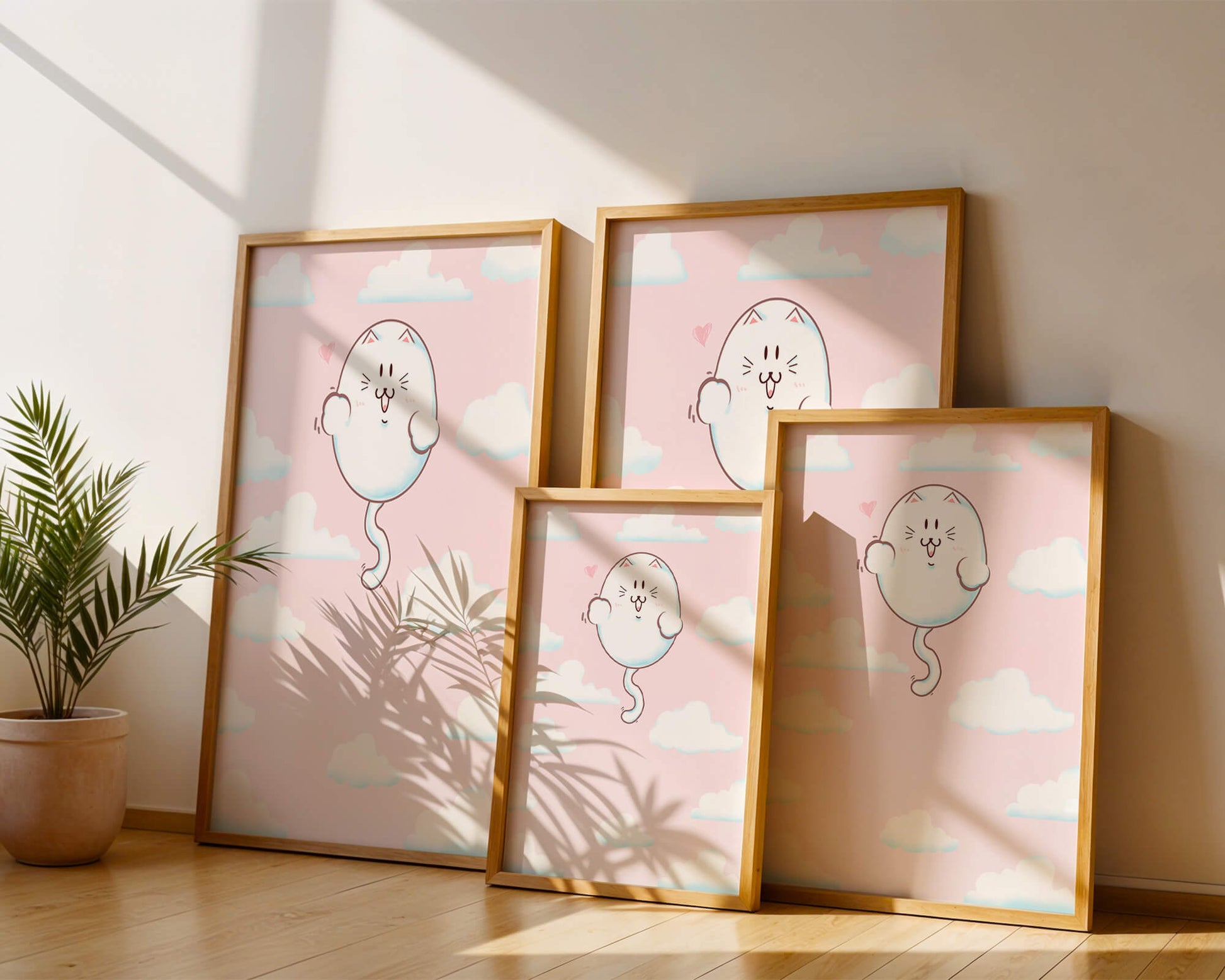Gato flotante caprichoso en un cielo pastel con nubes esponjosas