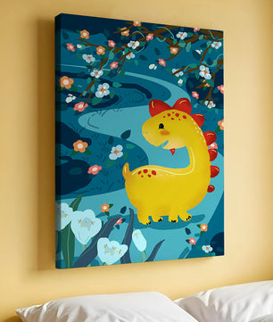Golden Dinosaur in Enchanted Floral Forest