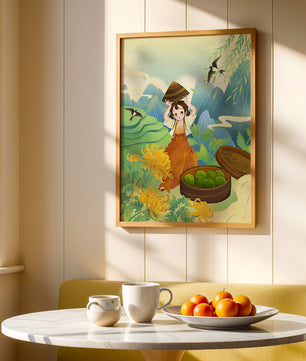 Young girl with basket in vibrant mountain landscape with birds and flowers