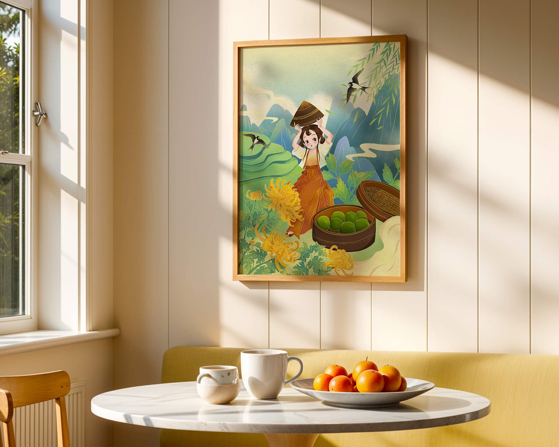 Young girl with basket in vibrant mountain landscape with birds and flowers