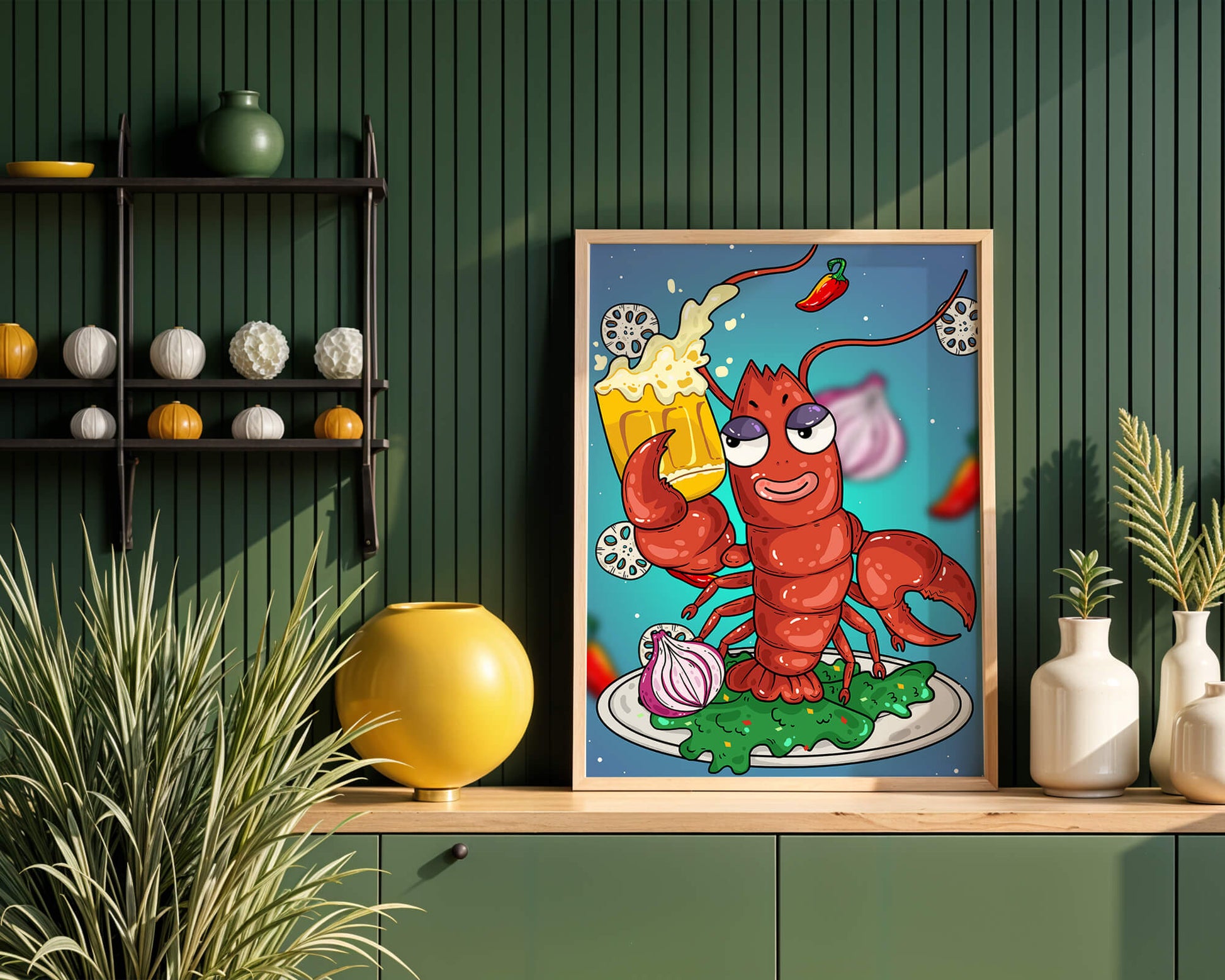 Playful cartoon lobster holding a beer in a whimsical setting