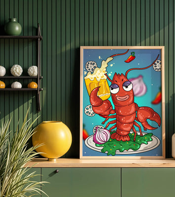 Playful cartoon lobster holding a beer in a whimsical setting