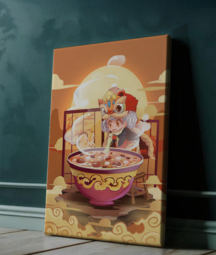Ilustración de un niño con traje tradicional y un gran tazón de sopa