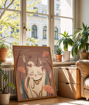 Ilustración de un gato maneki-neko en un entorno de jardín floral