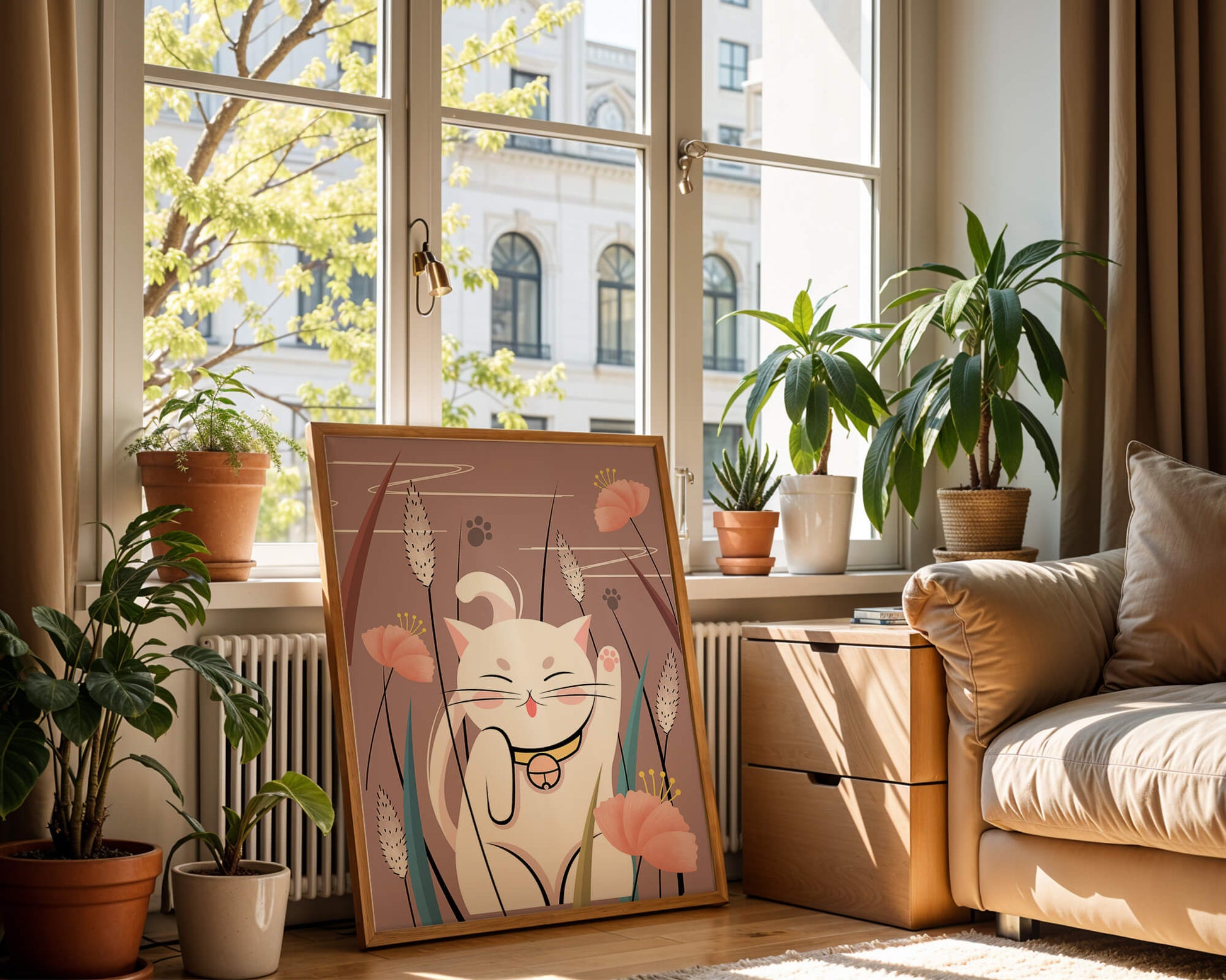 Illustration of a maneki-neko cat in a floral garden setting
