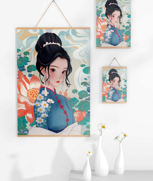 Una mujer elegante con vestido tradicional oriental con patrones florales y flores de loto