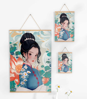 An Elegant Woman in Traditional Oriental Dress with Floral Patterns and Lotus Flowers
