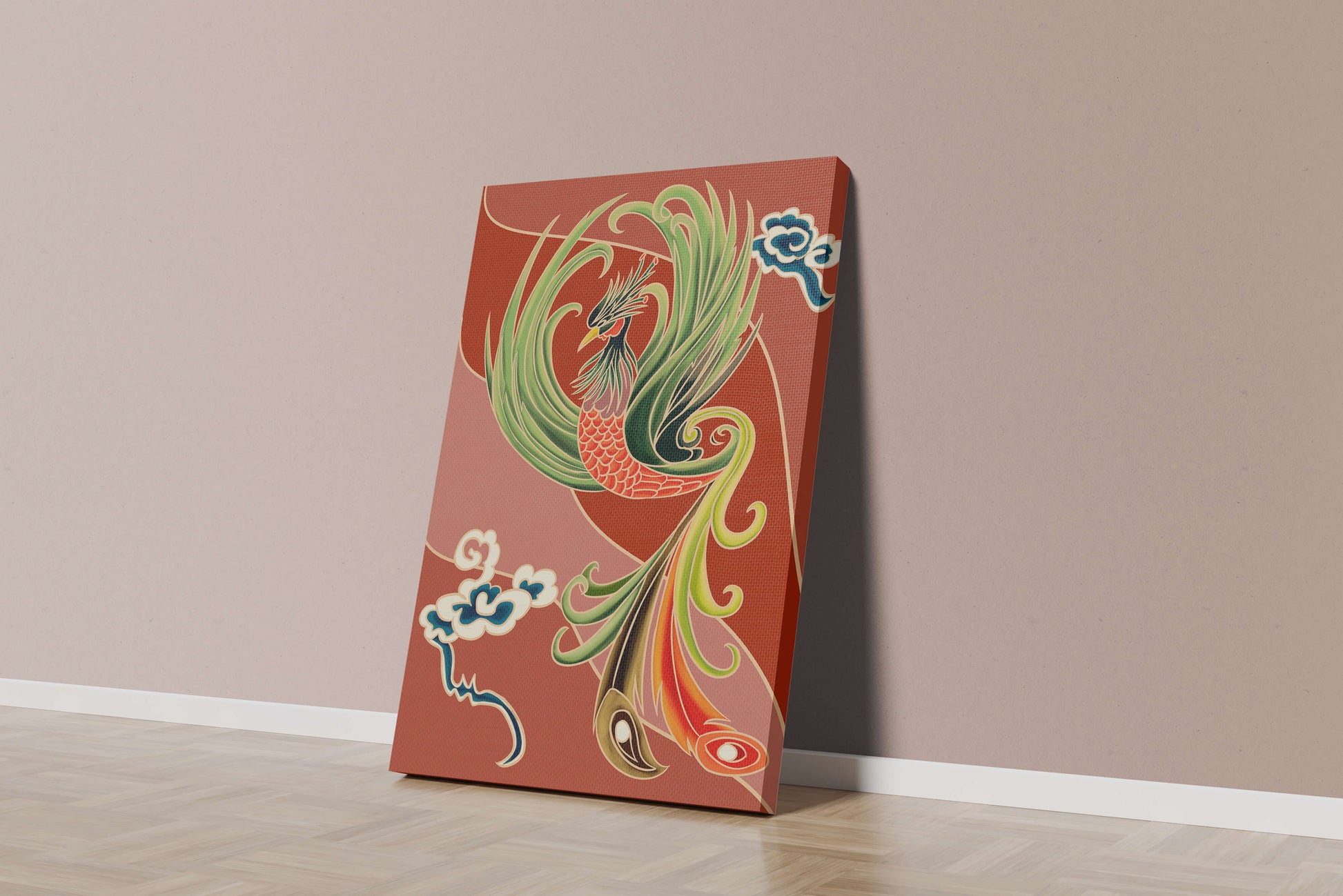 Stylized phoenix illustration with vibrant colors and clouds