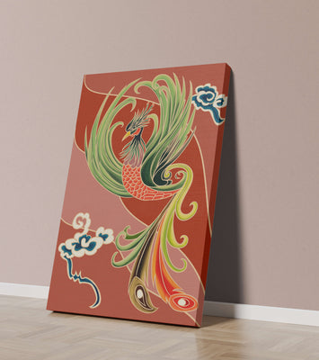Stylized phoenix illustration with vibrant colors and clouds