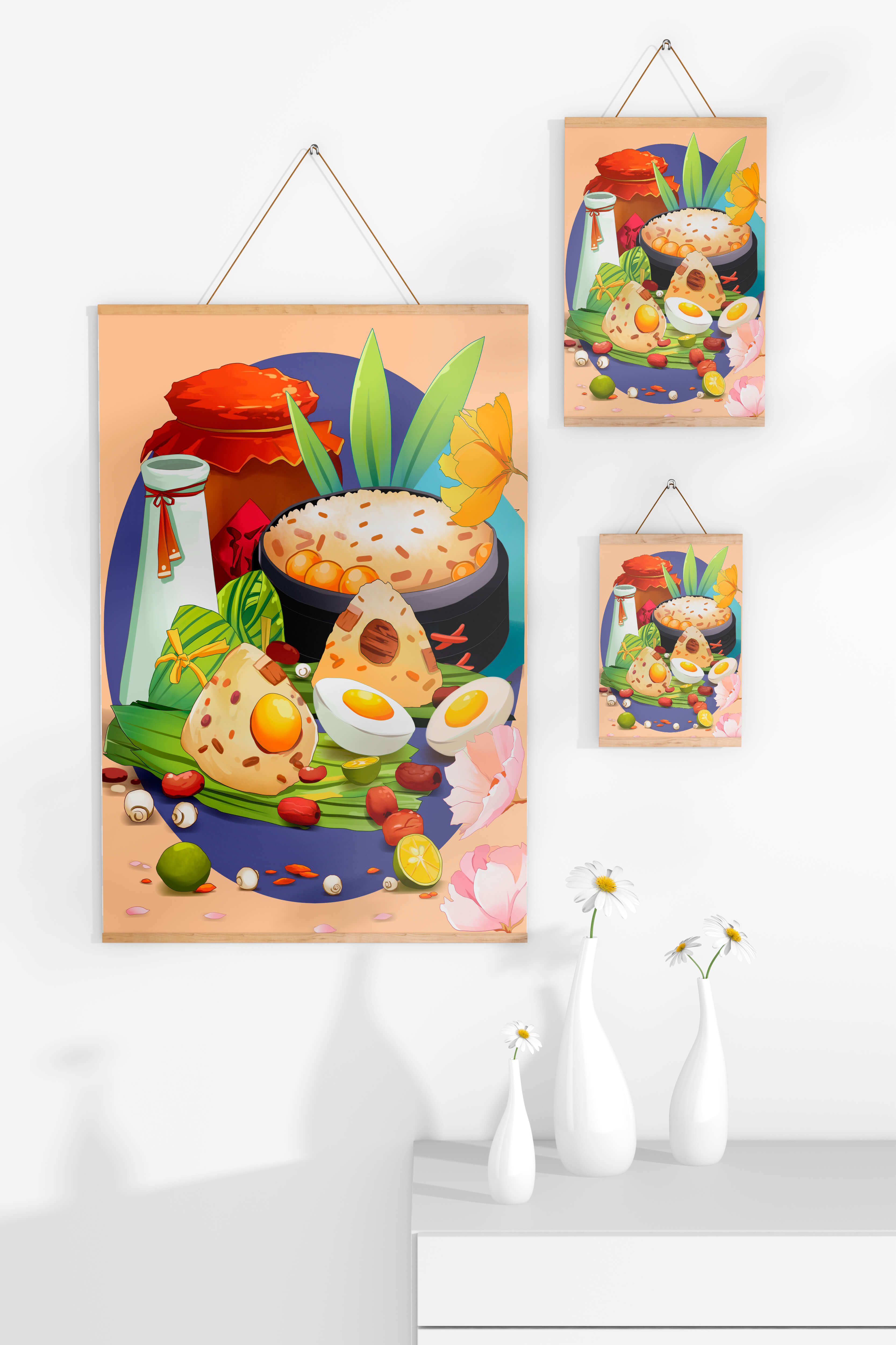 Traditional Asian culinary still life with rice and eggs