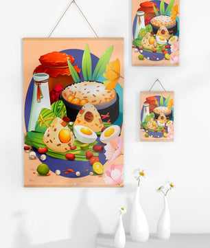 Naturaleza muerta culinaria asiática tradicional con arroz y huevos