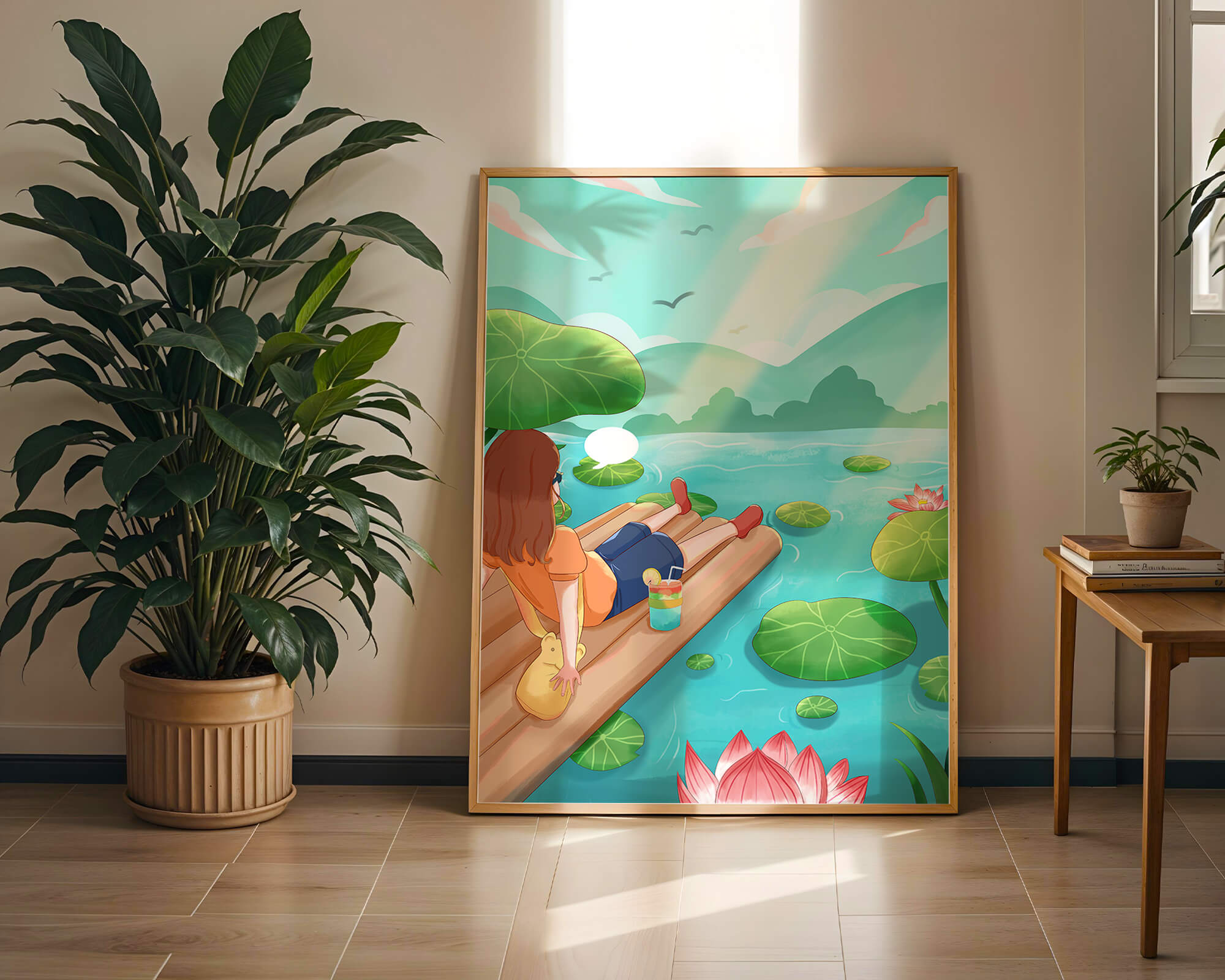 Peaceful lake scene with raft and relaxing atmosphere