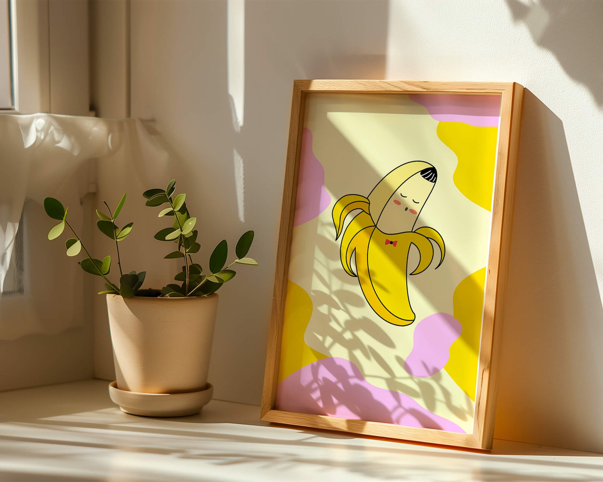 Quirky animated banana with bow tie on colorful abstract background