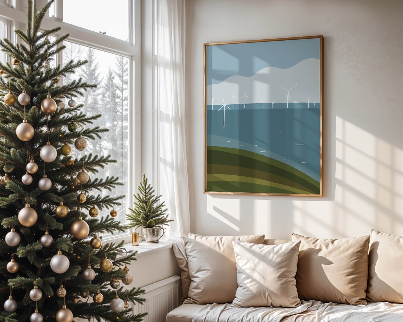 Wind Turbines on Rolling Hills Against a Clear Blue Sky