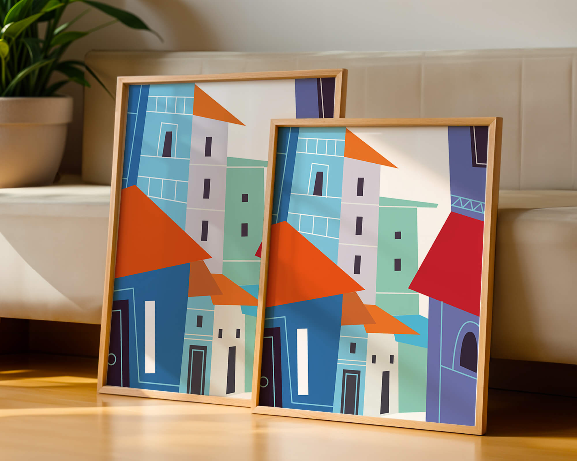 Colorful abstract cityscape with geometric buildings