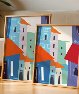 Paisaje urbano abstracto colorido con edificios geométricos