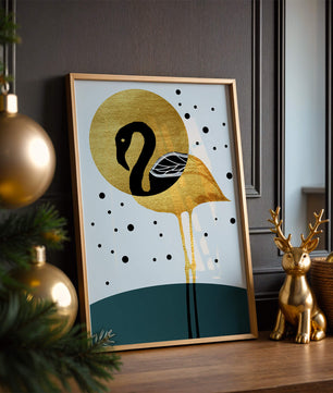 Ilustración elegante de flamenco dorado y negro con elementos de puntos abstractos
