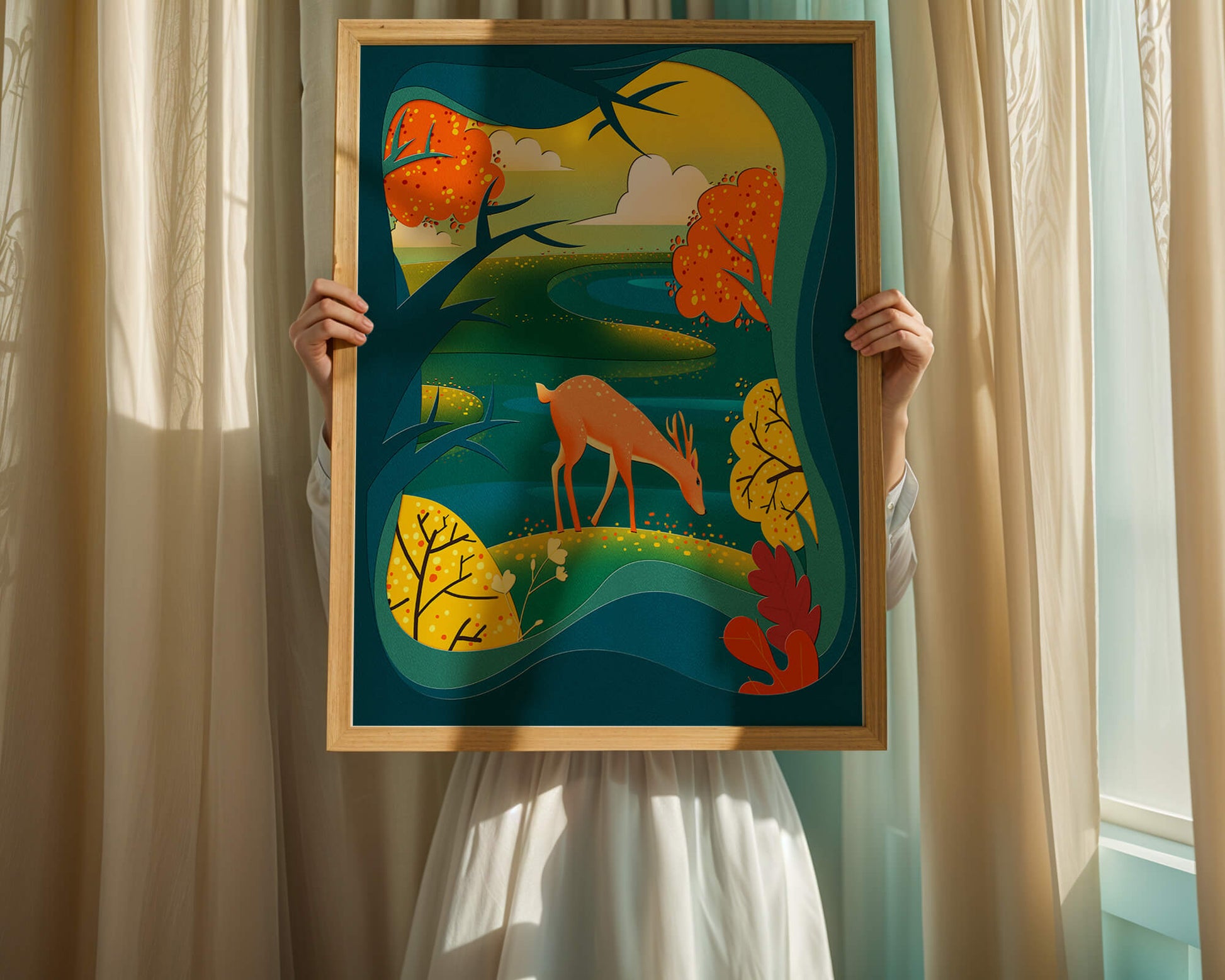 Deer in autumnal forest landscape with vibrant foliage