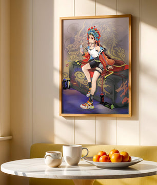 Anime art of a girl in traditional attire with urban elements