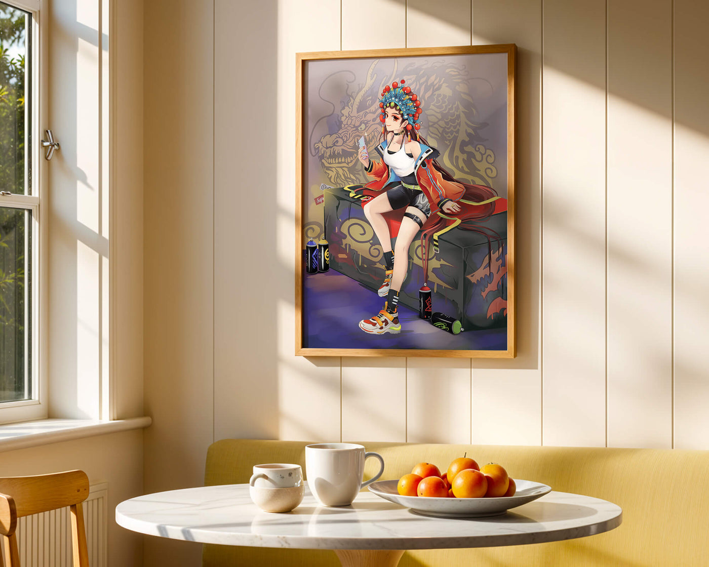 Anime art of a girl in traditional attire with urban elements