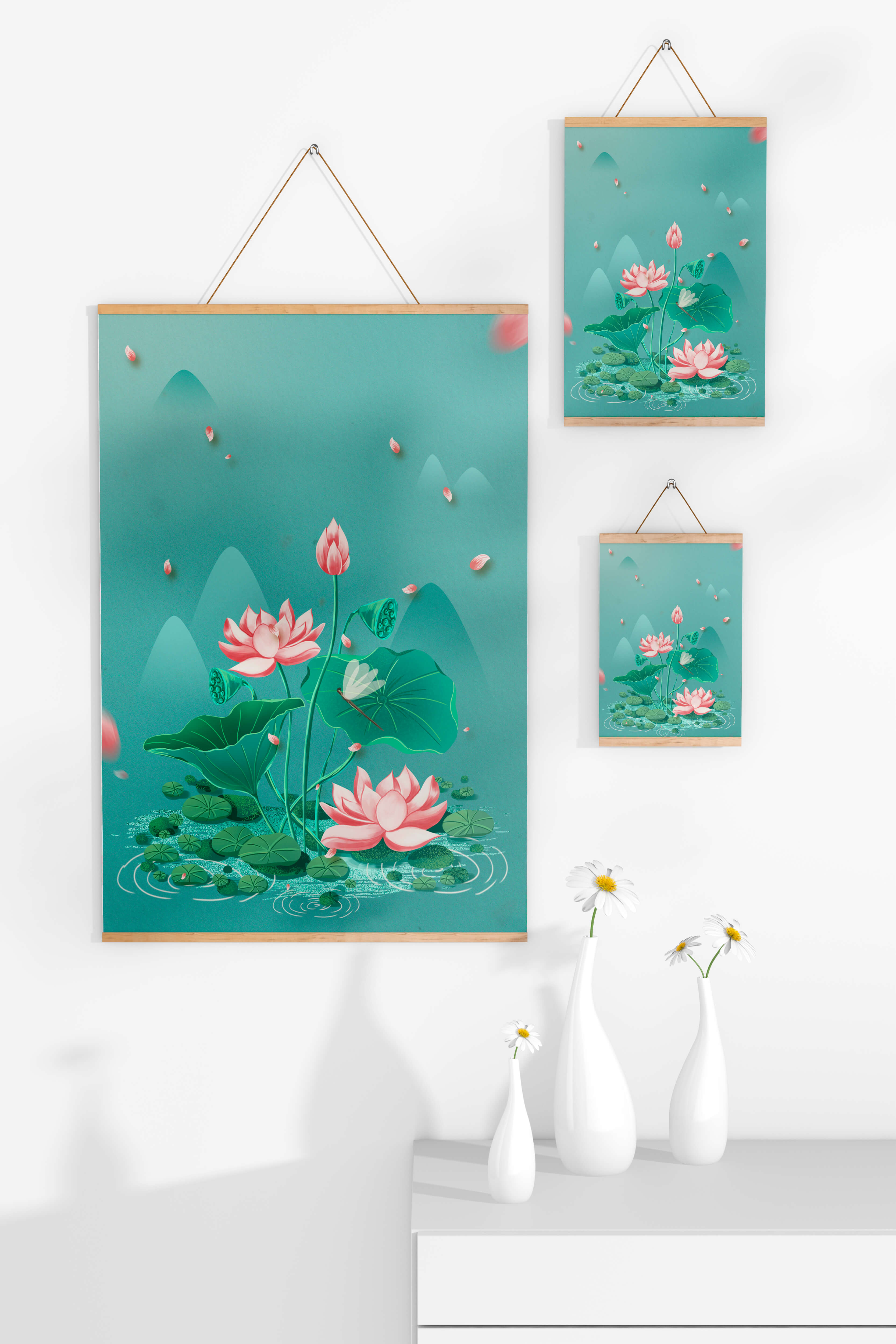 Serene illustration of lotus flowers in a tranquil pond setting with mountains